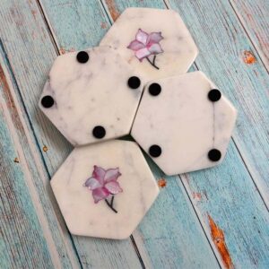 MARBLE HEXA COASTER WITH MOTHER OF PEARL INALY S4-2 Marble hexagonal Coaster With Pink Mother Of Pearl