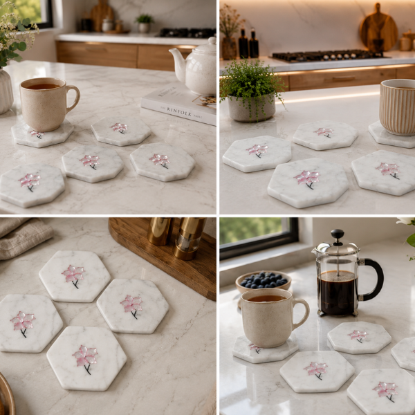 Marble Hexagon Coaster With Pink Mother Of Pearl-1 Marble Hexagon Coaster With Pink Mother Of Pearl