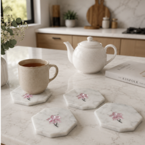 Marble Hexagon Coaster With Pink Mother Of Pearl Marble Hexagon Coaster With Pink Mother Of Pearl