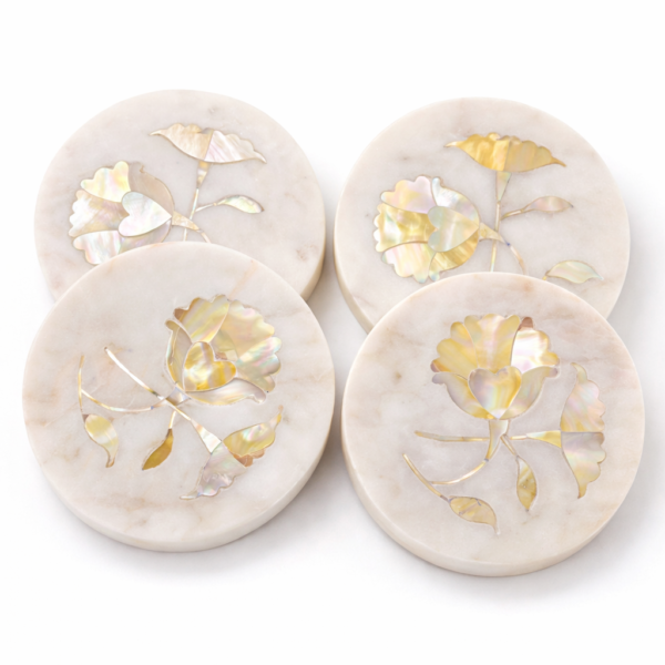1 Handcrafted Natural White Marble Coasters with Mother of Pearl 4x4"