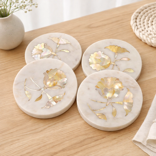 2 Handcrafted Natural White Marble Coasters with Mother of Pearl 4x4"