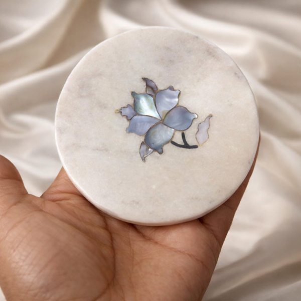 2 Handcrafted White Marble Coasters with Flower Design 4x 4"