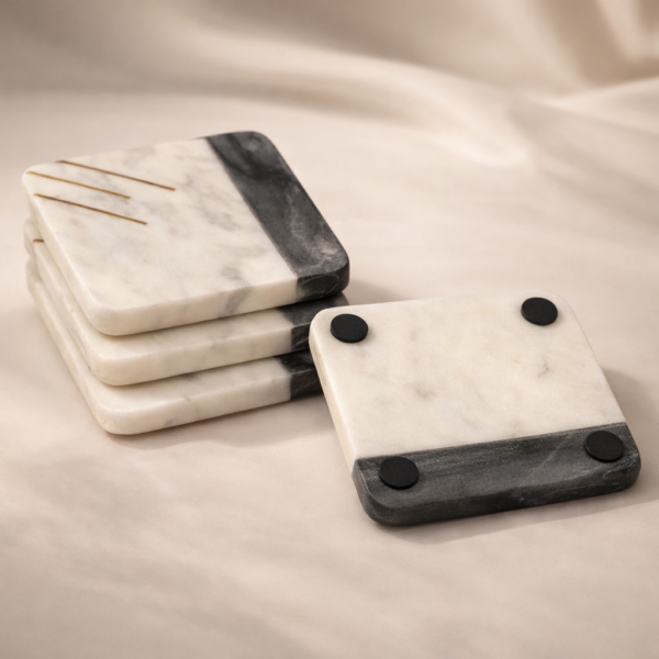 2 Marble Coaster 4" Two Tone Brass Inaly Design Set of 4Pcs