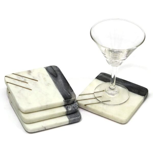 Marble Coaster 4 Two Tone Brass Inaly Design Set of 4Pcs