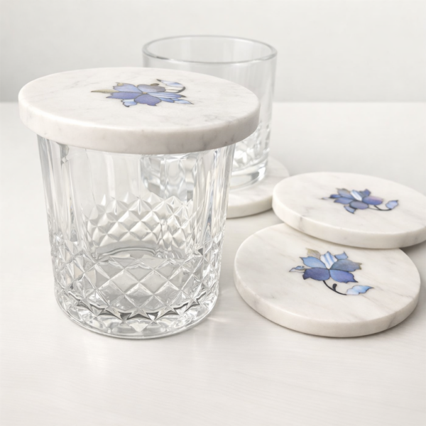 3 Handcrafted White Marble Coasters with Flower Design 4x 4"
