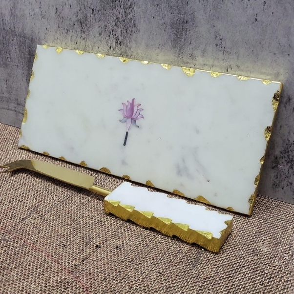 Gold Foil Edges Pink Lotus Inlay Design With Cheese Knife 10x4.5