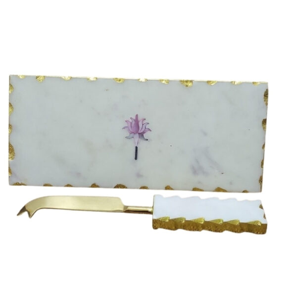 Gold Foil Edges Pink Lotus Inlay Design With Cheese Knife