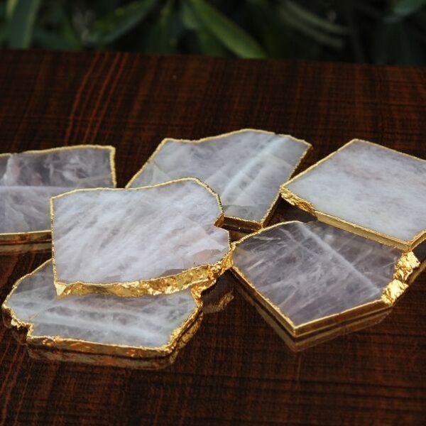4 Rose Quartz Natural Shape Agate Coaster set of 4 With Gold Foil Edeges 3,5 To 4"