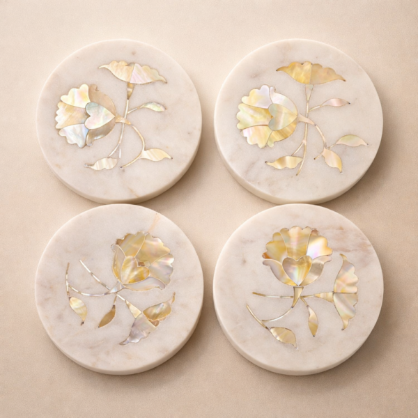 4 Handcrafted Natural White Marble Coasters with Mother of Pearl 4x4"