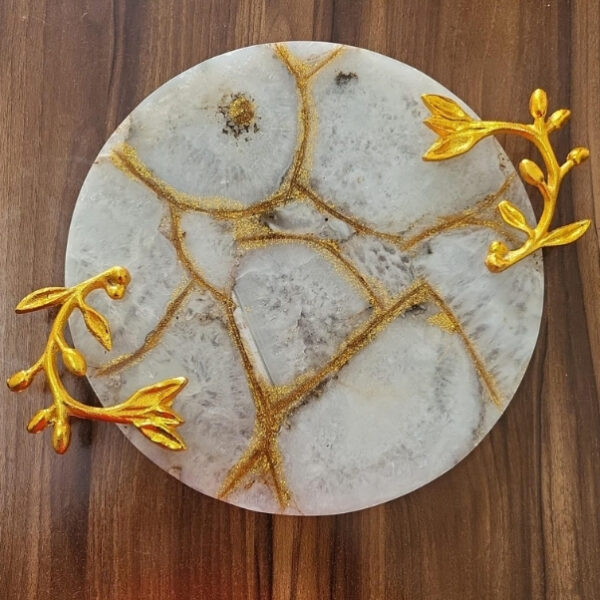 White Agate Stone Serving Tray With Metal Handle 10x10