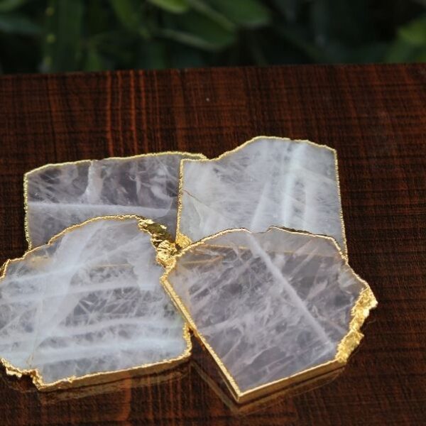 6 Rose Quartz Natural Shape Agate Coaster set of 4 With Gold Foil Edeges 3,5 To 4"
