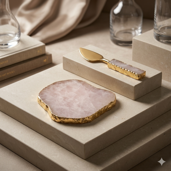 Agate-Cheese-Knife-Set-Of-4-1 Rose Quartz Platter With Cutlery and Gold Edges