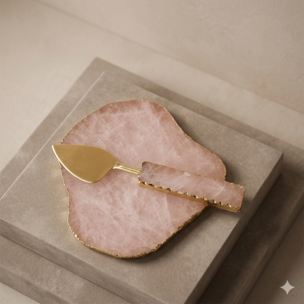 Agate-Cheese-Knife-Set-Of-4 Rose Quartz Platter With Cutlery and Gold Edges