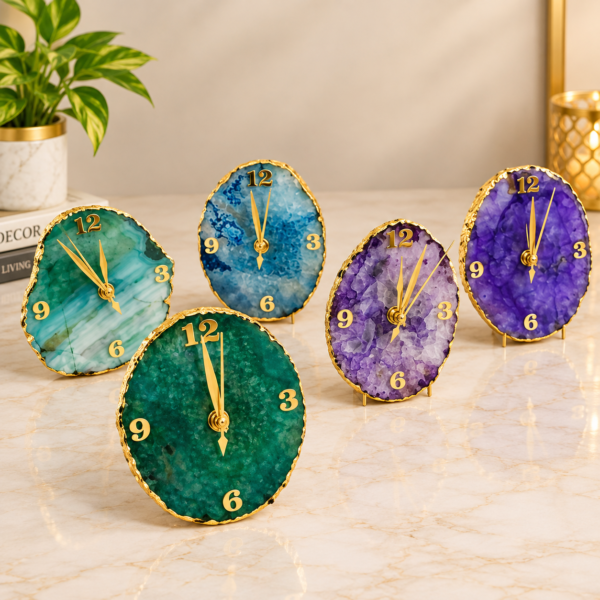 Agate Table Clock With Gold Foil-6 Agate Table Clock With Gold Foil Edges 4 Inches