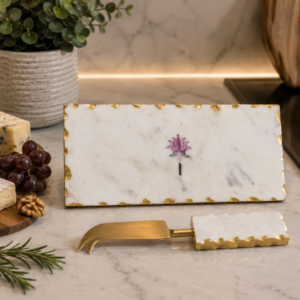 Gold Foil Edges Pink Lotus Inlay Design With Cheese Knife in modern kitchen Pink Lotus Marble Cheese Board With Gold Foil Edges & Cheese Knife
