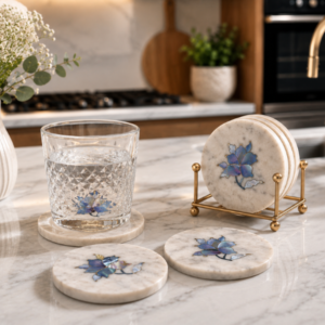 Handcrafted White Marble Coasters with Flower Design Handcrafted White Marble Coasters with Flower Design