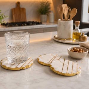 Luxurious White Marble Coasters with Gold Foil Edges (Set of 4) Luxurious White Marble Coasters with Gold Foil Edges (Set of 4)