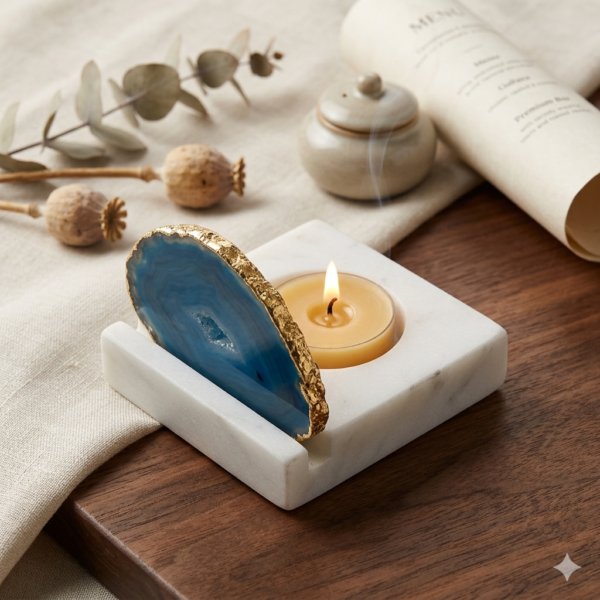 Marble-Candle-Tlight-Holder-With-One-Agate-Stone-1 Marble Candle Tlight Holder With One Agate Stone 2.75"