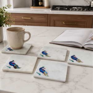 Marble Coasters Set of 4pcs Mother of Pearl Peacock Inlay