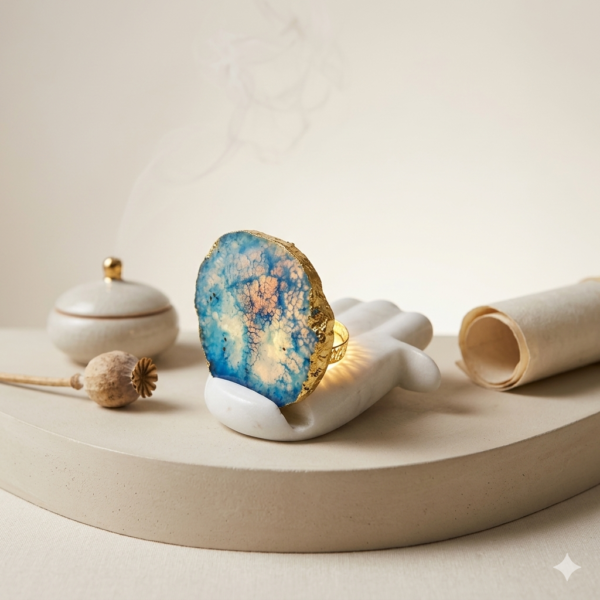 Marble-Hamsa-Hand-5x4-Candle-Holder-with-2.5-Agate-Stone-1 Marble Hamsa Hand 5x4" Candle Holder with 2.5" Agate Stone