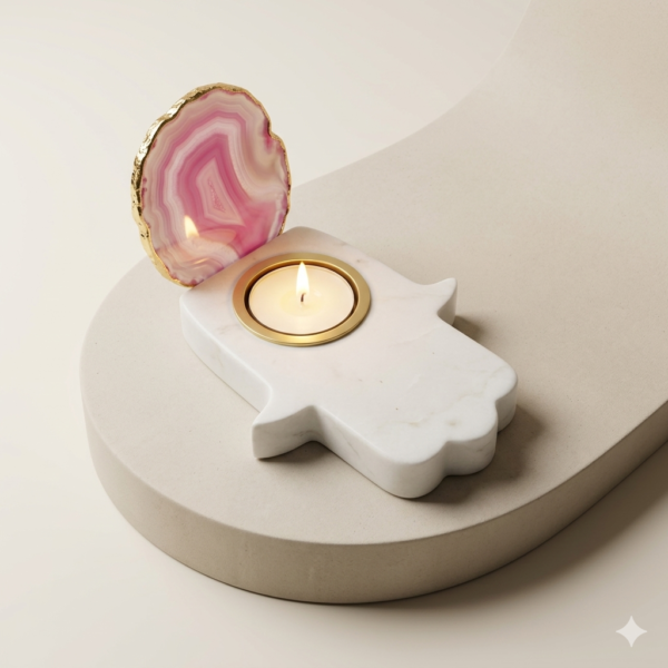 Marble-Hamsa-Hand-5x4-Candle-Holder-with-2.5-Agate-Stone-3 Marble Hamsa Hand 5x4" Candle Holder with 2.5" Agate Stone