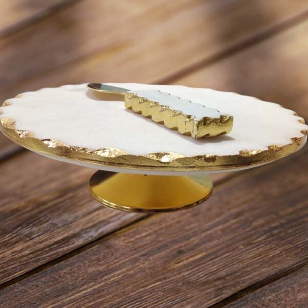 Marble-cake-stand-with-server Marble Cake Stand With Metal Base Cheese Knife 10 Inches