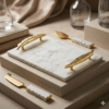 White Marble Serving Tray With Gold Metal Feather Handles 12x8"