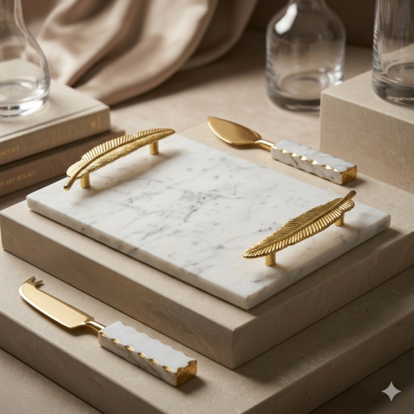 White Marble Serving Tray With Gold Metal Feather Handles 12x8"