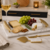 White Marble Serving Tray With Gold Metal Feather Handles 12x8