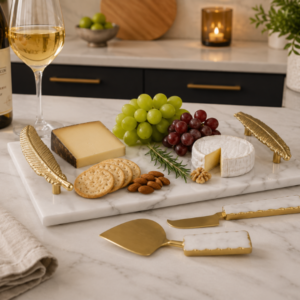 White Marble Serving Tray With Gold Metal Feather Handles 12x8