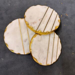 tinywow_MARBLE COASTER ROUND WITH BRASS INLAY AND GOLD FOIL EDGES S4 Luxurious White Marble Coasters with Brass Inlay & Gold Foil Edges (Set of 4)
