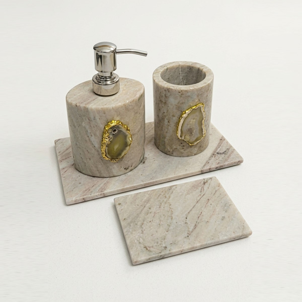 4 Beige Marble Bathroom Set With Tray