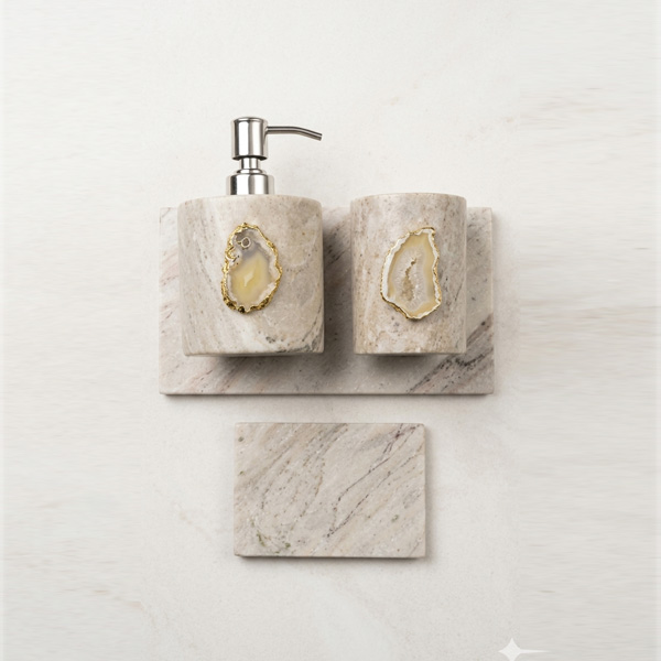 5 Beige Marble Bathroom Set With Tray