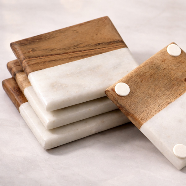 White Marble Wooden Coaster Set of 4