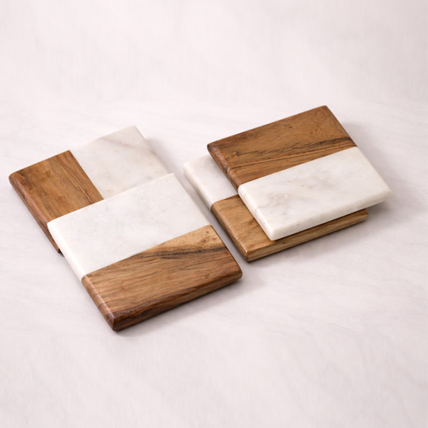 White Marble Wooden Coaster Set of 4