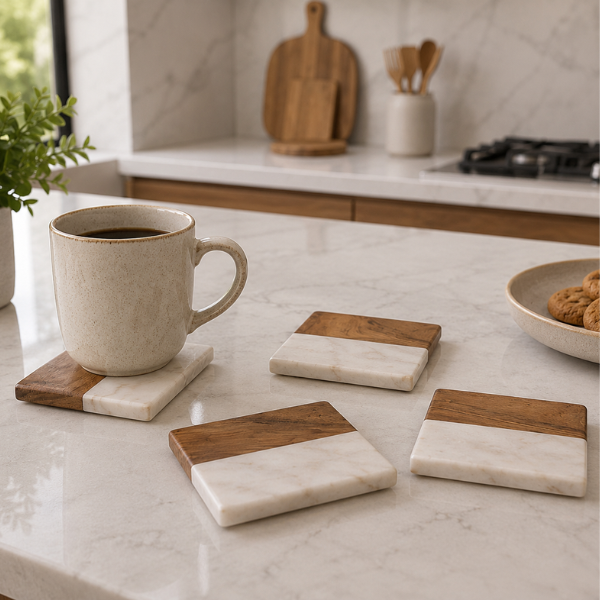 White Marble Wooden Coaster Set of 4