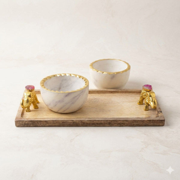 marbe-platter White Marble Bowl Set of 2 With Wooden Tray