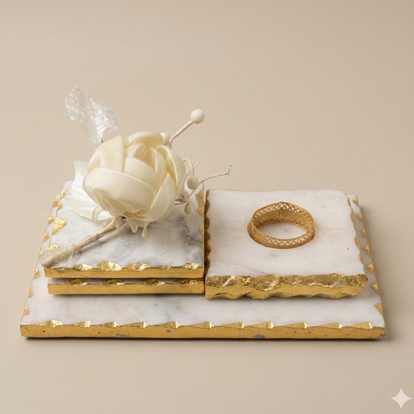 candle-holder-gifting Luxury White Marble Coaster Set with Gold Foil Edge