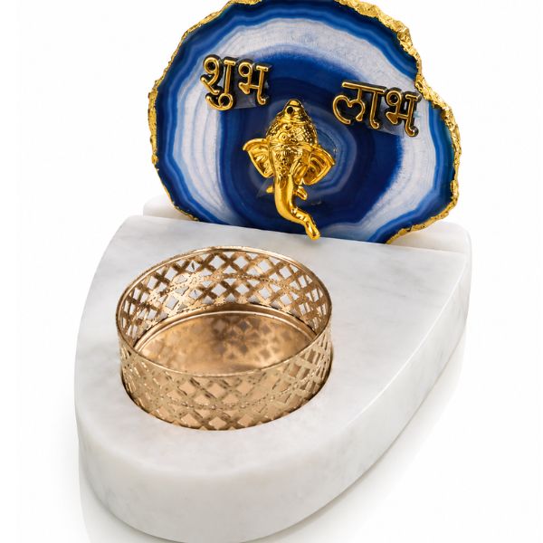 Divine-Agate-Marble-Ganesha-Tealight-Holder-2 Marble Shadow Candle Holder 4" With One Agate Stone
