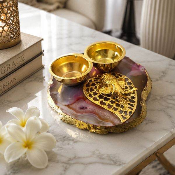 Ganesha Haldi Kumkum Platter-1 Divine Gold Amber Ganesha Agate Pooja Platter