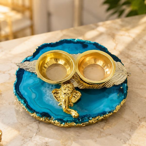 Gold-Ganesha-Pooja-Thali Agate Roli Chawal Plate 3to 4
