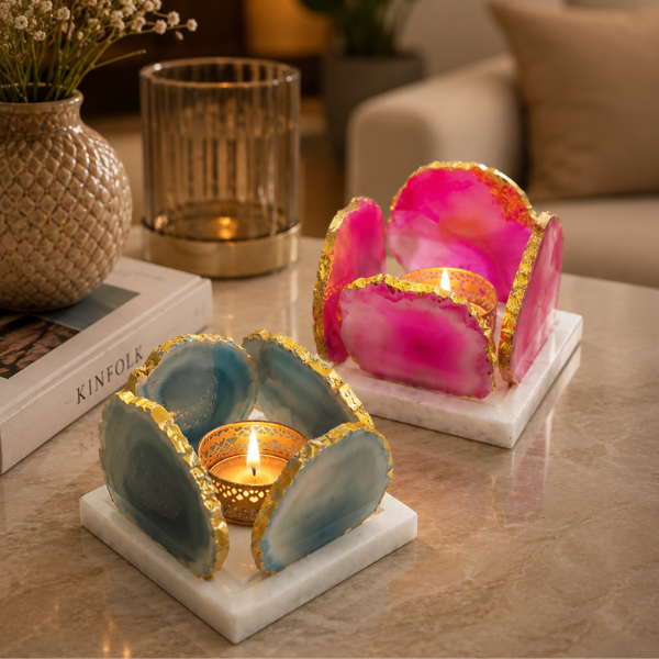 Agate Stone T-Light & Candle Holder with Marble Base Agate Stone T-Light & Candle Holder with Marble Base