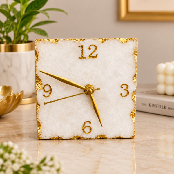 Handcrafted Square White Agate Clock-1 Handcrafted Square White Agate Clock 4×4"