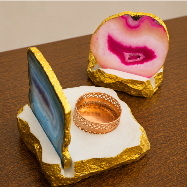 Marble and Agate Slice Tealight Candle Holders with Chiseled Gold Edges-2 Agate Stone Tea Light Candle Holder With Base