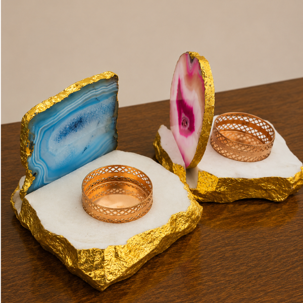 Marble and Agate Slice Tealight Candle Holders with Chiseled Gold Edges-4 Agate Stone Tea Light Candle Holder With Base
