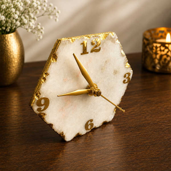 White Marble Hexagonal Desktop Clock-2 Hexagonal Marble Clock For Table / Desktop