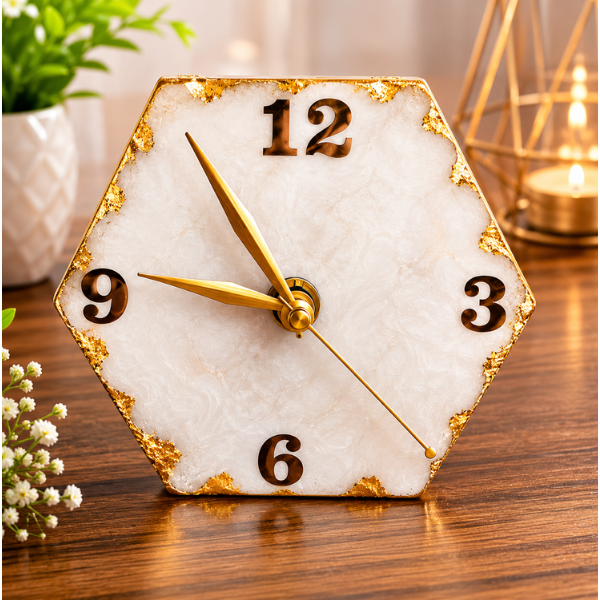 White Marble Hexagonal Desktop Clock Hexagonal Marble Clock For Table / Desktop