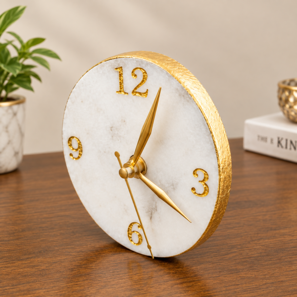 marble-clock-round-11 White Marble Round Clock With Stand For Table/Desk