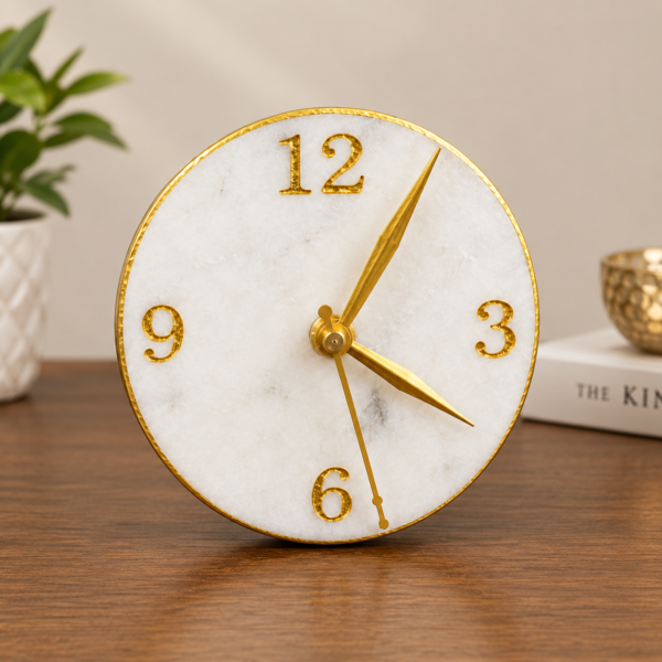 marble-clock-round White Marble Round Clock With Stand For Table