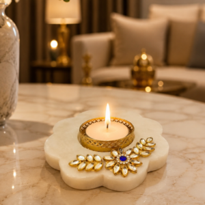 Kundan-Studded Flower-Shaped Marble Tealight Candle Holder (Diya) Flower-Shaped Marble Tealight Candle Holder (Diya) with Kundan work